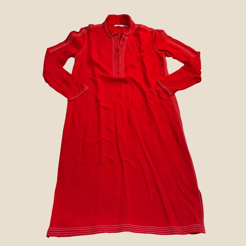 Boden Midi Dress Womens 8 Red White Contrast Stitch Long Sleeve‎ Button Front